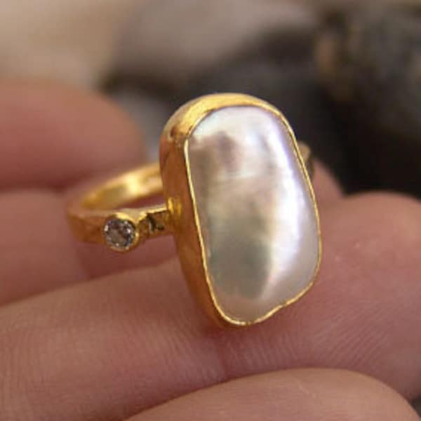 Hammered Sterling Silver Pearl Ring, 24K Gold Over Handmade