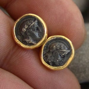 Roman Coin Earrings Silver  925K Sterling Silver  Gold Over Dangle Earrings  Ancient Roman Coin  Earrings Roman Coin Human Signet Earrings