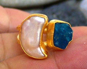 Pearl & Apatite Silver Ring, 24k Gold Over, Handmade Jewelry