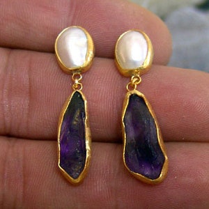 Boucles d'oreilles en argent sterling avec perles et améthyste brute, or sur