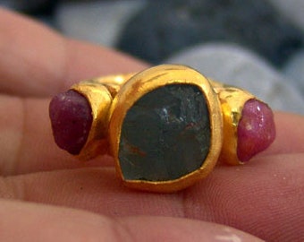 Handmade Rough Ruby & Apatite Ring, 24k Gold Over Sterling Silver