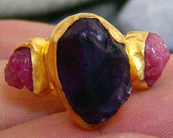 Raw Amethyst Ruby Ring, 24k Gold Vermeil Sterling Silver, Adjustable