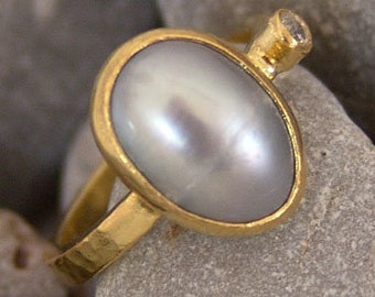 Hammered Sterling Silver Pearl Ring - 24K Gold Over, Minimalist Stacking Ring