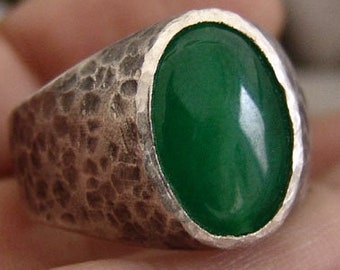 Men's Hammered Sterling Silver Ring with Lab Emerald, 24K Gold Vermeil