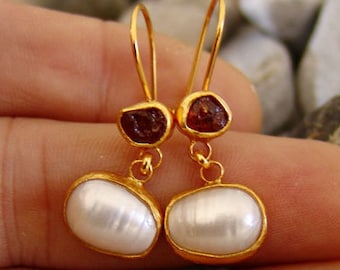 Pearl and Raw ruby Earrings  925K Sterling Silver  Elegant Earrings Authentic Silver  Roman Art  Stud Pearl Earrings Pearl silver Earring
