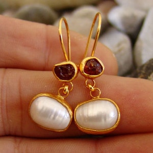 Pearl and Raw ruby Earrings  925K Sterling Silver  Elegant Earrings Authentic Silver  Roman Art  Stud Pearl Earrings Pearl silver Earring