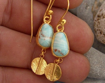 Larimar Dangle Earrings, 24k Gold Vermeil Sterling Silver, Minimalist Style