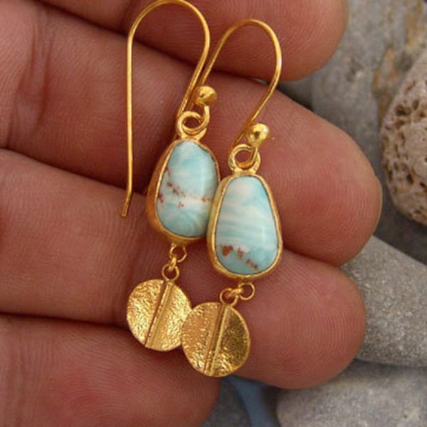 Larimar Earrings Solid Sterling Dangle Earrings  Dainty Earrings  Authentic Earrings Minimalist Earrings Roman Art Turquoise Earring