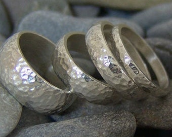Sterling Silver Four Band Ring, Hammered Texture, Wedding Stacking Ring