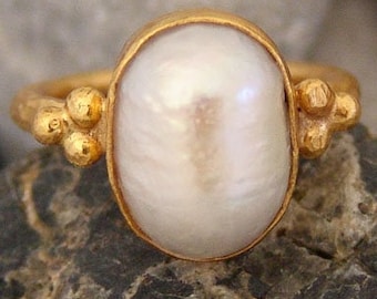 24K Gold Over Sterling Silver Pearl Ring, Handmade Minimalist Ring