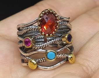 Dainty Garnet 925K Sterling Silver Ring, Handmade Roman Art Ring