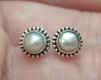 Freshwater Pearl Stud Earrings, Sterling Silver, Roman Style