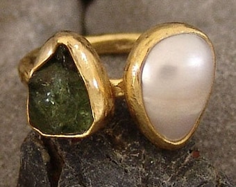 Green Apatite Pearl Ring, 24K Gold Vermeil Sterling Silver
