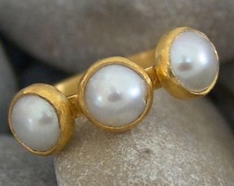 Handmade Pearl Ring, 24K Gold Over Sterling Silver, Dainty Stacking Ring