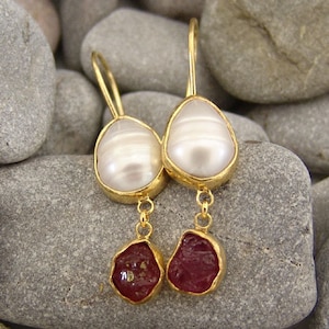 Pearl and Raw ruby Earrings  925K Sterling Silver  Elegant Earrings Authentic Silver  Roman Art  Stud Pearl Earrings Pearl silver Earring