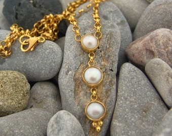 Hammered Sterling Silver Pearl Necklace, Artisan Jewelry