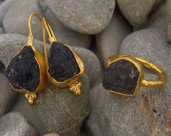 Raw Amethyst Sterling Silver Ring and Earrings, 24k Gold Plated, Minimalist Jewelry