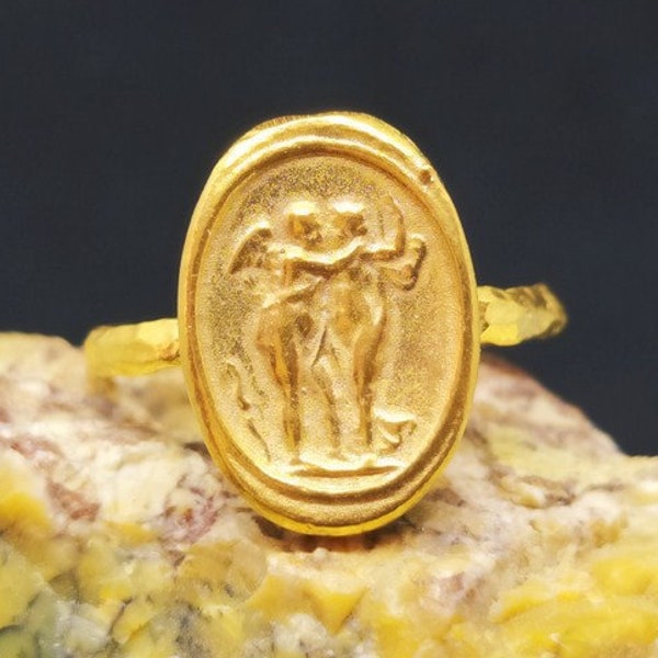 Signet Ring Roman Coin Sterling Silver Ring 24k Gold Over Coin Ring  Gold Vermeil   Gold Overlay Ring Ancient Greek Coin Ring  Signet Ring