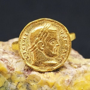 Signet Ring Roman Coin Sterling Silver Ring 24k Gold Over Coin Ring  Gold Vermeil   Gold Overlay Ring Ancient Greek Coin Ring  Signet Ring