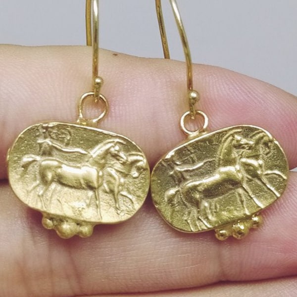 Ancient Greek Roman Art Earrings Roman Coin Silver  925K Sterling Silver  Gold Over Dangle Earrings Roman Coin Earrings