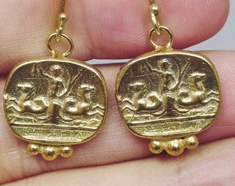 Gold Over Sterling Silver Ancient Roman Coin Dangle Earrings