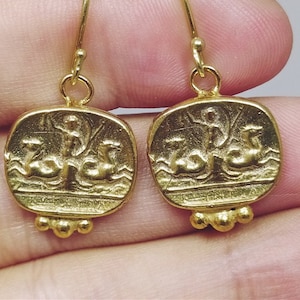Ancient Greek Earrings Roman Coin Silver  925K Sterling Silver  Gold Over Dangle Earrings Roman Coin Earrings