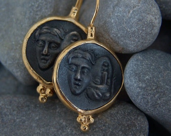 Roman Coin Earrings Silver  925K Sterling Silver  Gold Over Dangle Earrings  Ancient Roman Coin  Earrings Roman Coin Human Signet Earrings