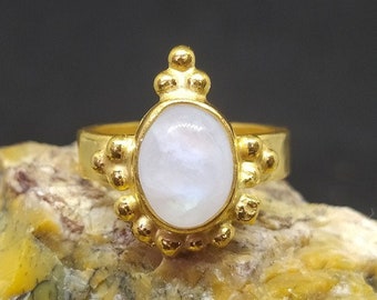 Gold Vermeil Moonstone Ring, 925 Sterling Silver, Roman Art