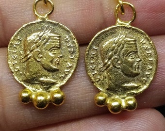 Roman Coin Earrings Silver  925K Sterling Silver  Gold Over Dangle Earrings  Ancient Roman Coin  Earrings Roman Coin Human Signet Earrings