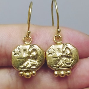 Ancient Greek Roman Art Earrings Roman Coin Silver  925K Sterling Silver  Gold Over Dangle Earrings Roman Coin Earrings