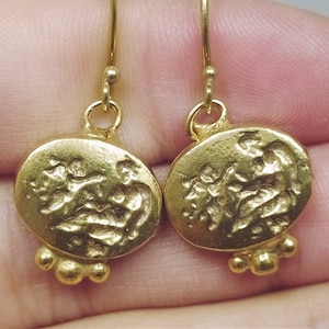 Ancient Greek Earrings Roman Coin Silver  925K Sterling Silver  Gold Over Dangle Earrings Roman Coin Earrings