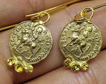 Roman Coin Earrings Silver  925K Sterling Silver  Gold Over Dangle Earrings  Ancient Roman Coin  Earrings Roman Coin Human Signet Earrings