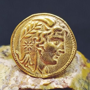 Signet Ring Roman Coin Sterling Silver Ring 24k Gold Over Coin Ring  Gold Vermeil   Gold Overlay Ring Ancient Greek Coin Ring  Signet Ring