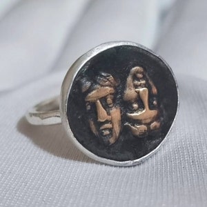 Anel de prata esterlina com máscara de comédia e tragédia, anel com máscara de teatro, anel com rosto feliz e triste, anel com máscara de drama, anel com moeda romana e anel de sinete