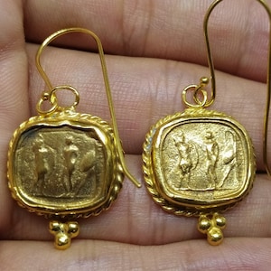 Roman Coin Earrings Silver  925K Sterling Silver  Gold Over Dangle Earrings  Ancient Roman Coin  Earrings Roman Coin Human Signet Earrings