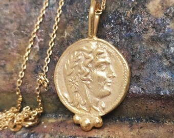 Herakles Coin Necklace, 24K Gold over Sterling Silver, Greek Mythology