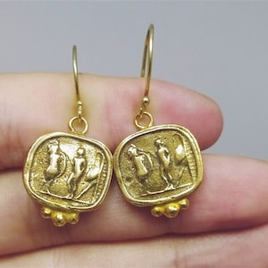 Ancient Greek Three Human Earrings Roman Coin Silver  925K Sterling Silver  Gold Over Dangle Earrings Roman Coin Earrings