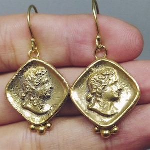 Ancient Rome Empire Earrings Roman Coin Silver  925K Sterling Silver  Gold Over Dangle Earrings Roman Coin Earrings