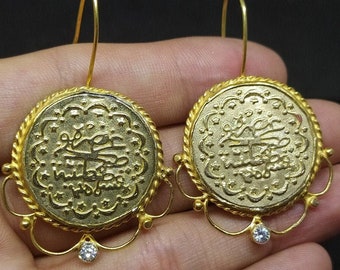 Handmade Sterling Silver Ottoman Coin Earrings, 24K Gold Overlay