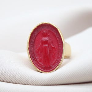 Virgin Mary Ring, Handmade Intaglio Glass, 925 Sterling Silver Gold Plated Signet, Catholic Religious Jewelry, Unique Gift for Her or Him