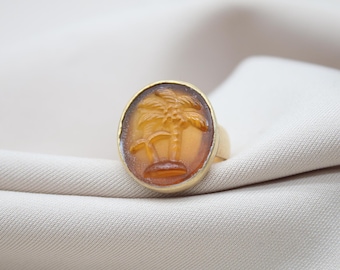 Handmade Palm Tree Intaglio Ring, Venetian Glass, 925 Sterling Silver Gold Plated