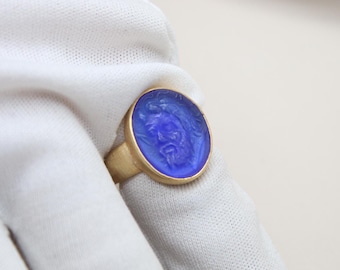 Handmade Sterling Silver Zeus Ring, Venetian Glass Intaglio, Mythology Jewelry