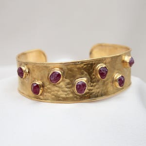 Handmade Raw Ruby Silver Bracelet: Hammered Cuff Design