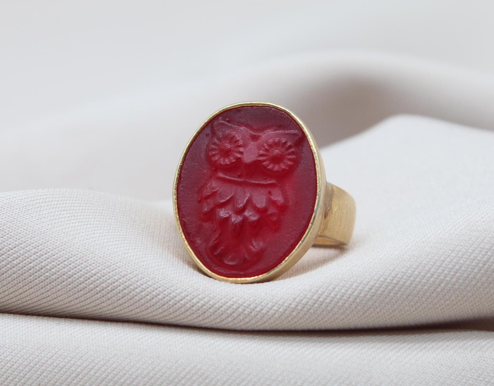 Handmade Owl Intaglio Ring, Gold Plated Sterling Silver, Greek Mythology