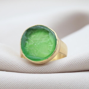 Anel God Janus, Vidro Intaglio Feito à Mão, Joias Vintage de Prata Esterlina 925, Sinete Banhado a Ouro, Presente Único para Ele, Dia das Mães