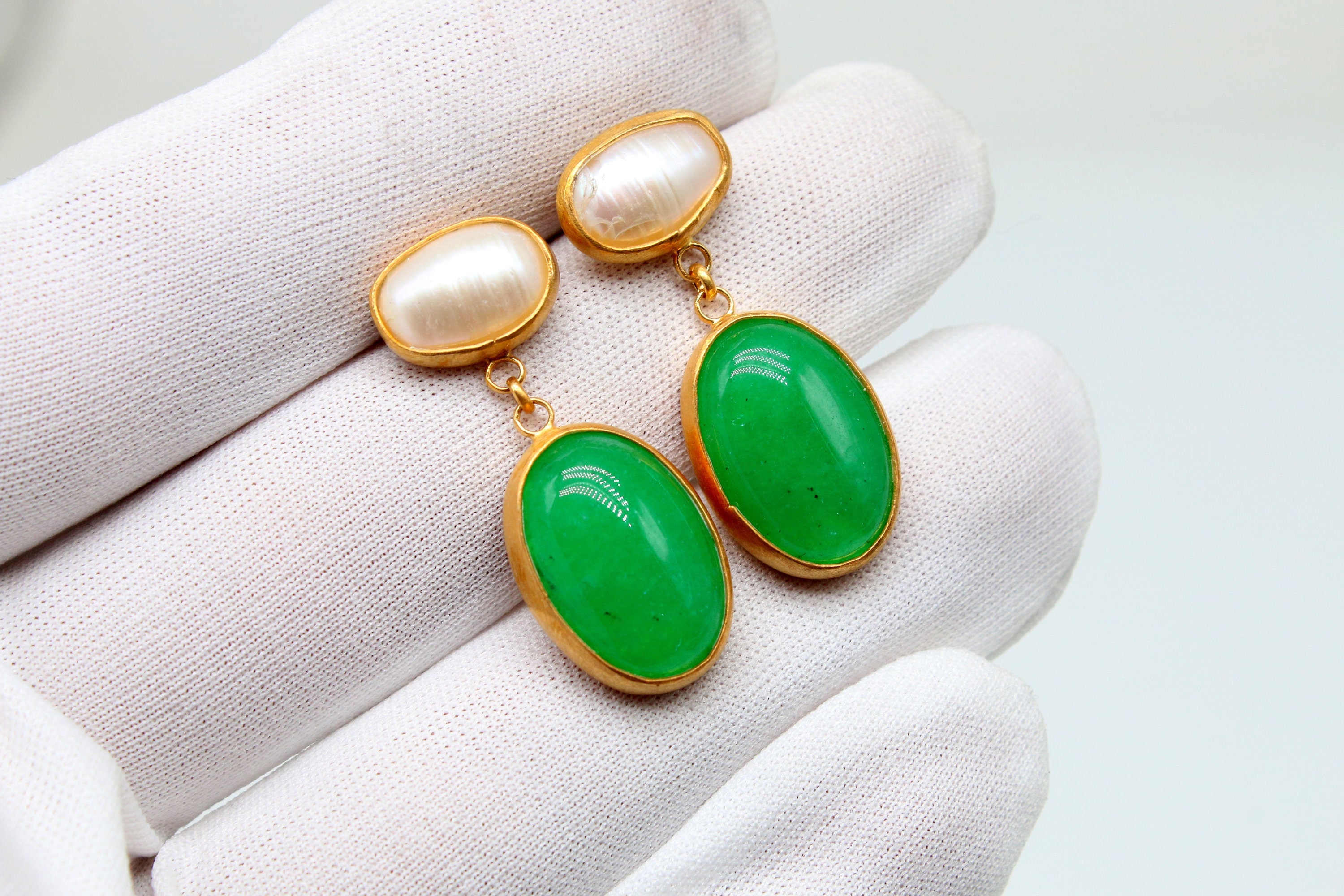 Orecchini Pendenti In Argento Con Pietra Di Giada / Oro 24K - Foto 8