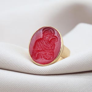 Virgin Mary Intaglio Ring, Handmade Glass Cameo, 925 Sterling Silver Gold Plated, Religious Jewelry, Unique Gift for Her, Mother&#39;s Day