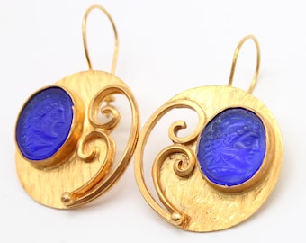 Intaglio Glass Earrings: 24k Gold-Plated Sterling Silver, Greek Mythology Style