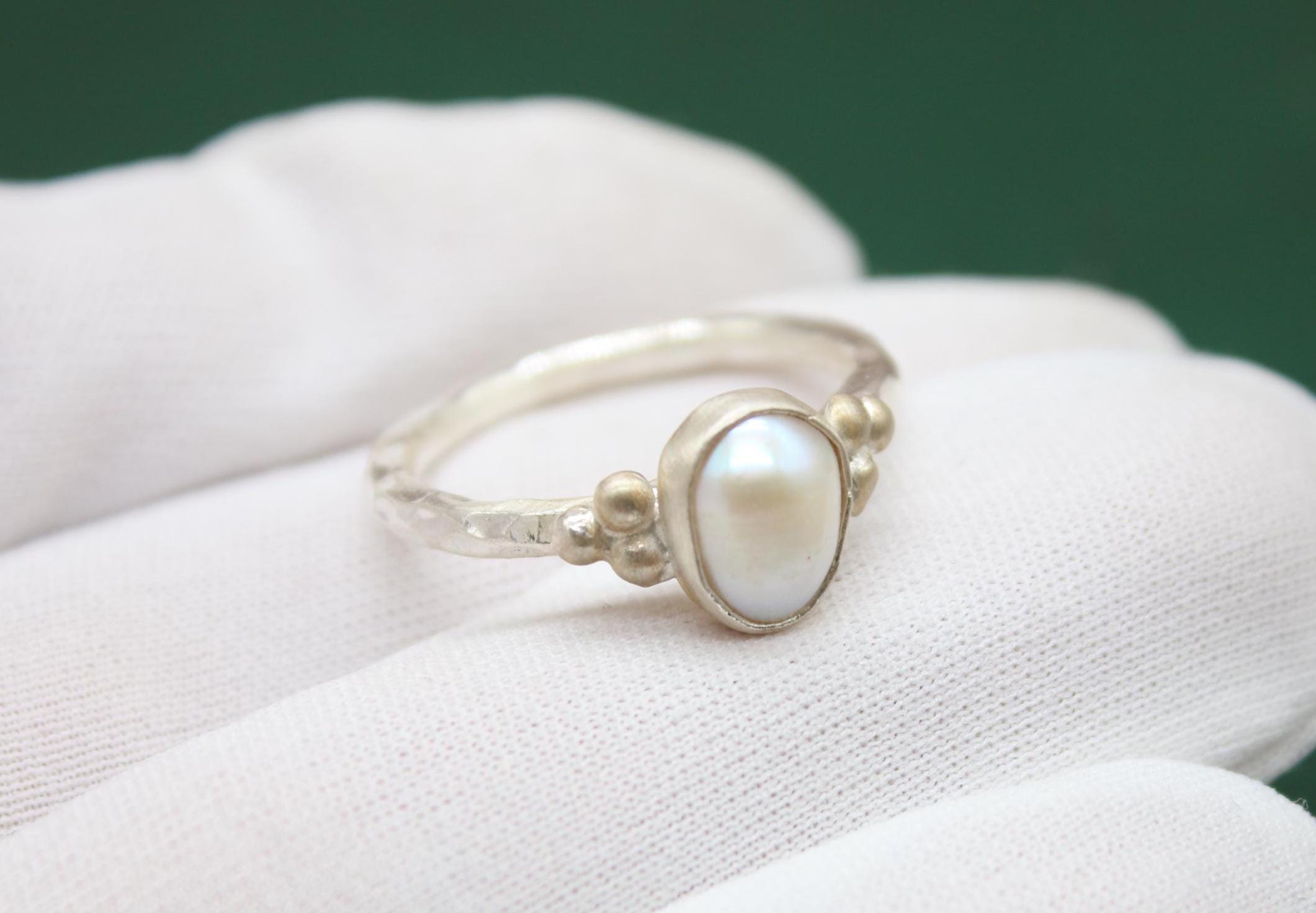 Minimalist Pearl Ring Sterling Silver Handmade Delicate Stacking Ring