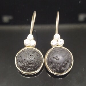 Lava Stone Sterling Silver Dangle Earrings, 24k Gold Detail